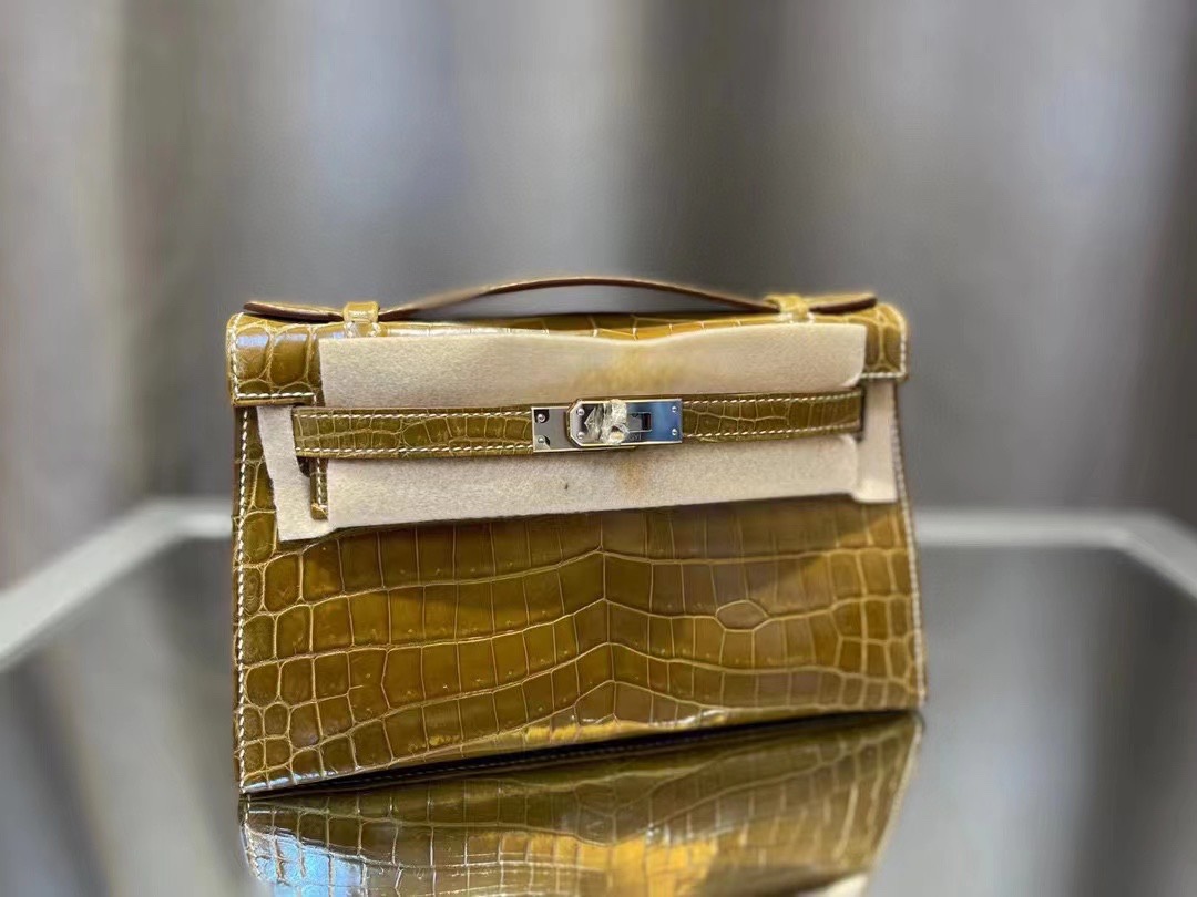 에르메스 켈리 포쉐트 브라운 금장 샤이니 악어가죽